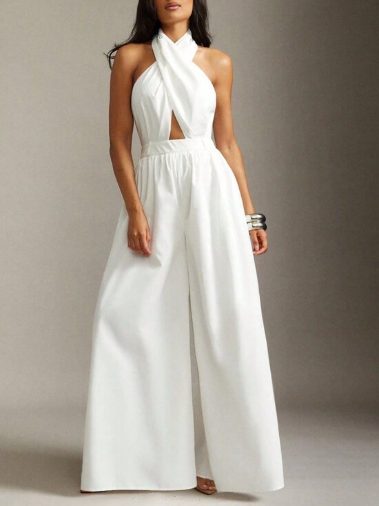 Pants - White Elegant Business Women's Wide-Leg Halter Jumpsuit